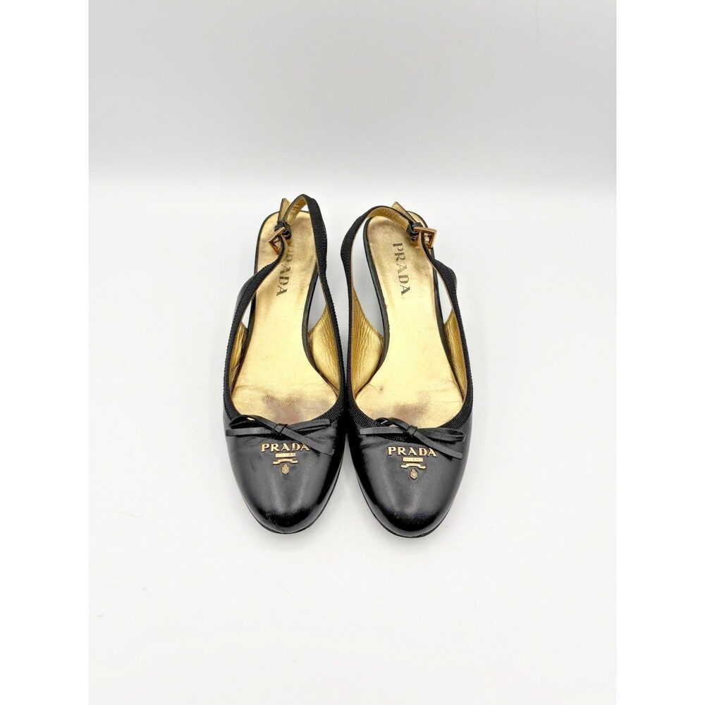 Prada Black Leather Slingback Kitten Heels w/ Bow and Logo Plate Size EU 36